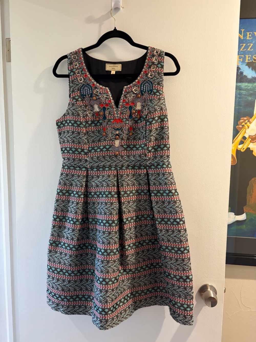 Moulinette Soeurs Sleeveless Embroidered A-Line Dress in Teal, Pink, Black